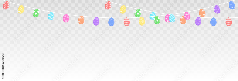 Vector Easter background with painted eggs. Hanging painted eggs png. Easter decoration.