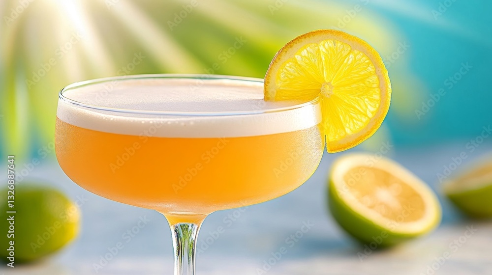Fototapeta premium A Stylish Yellow Cocktail with Lemon Garnish in a Coupe Glass. Generative AI
