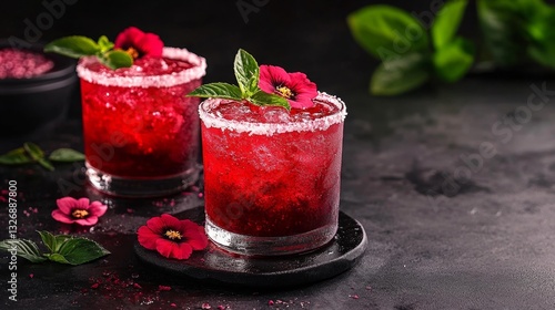 Wallpaper Mural A Hibiscus Margarita Garnished with Flowers on a Dark Table. Generative AI Torontodigital.ca