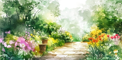 Beautiful watercolor painting of a garden pathway surrounded by flowers
