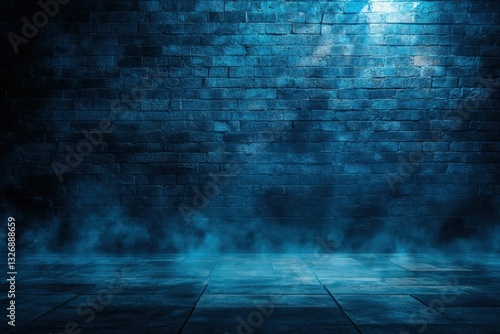 Blue smoke filling empty room with brick wall and floor tiles