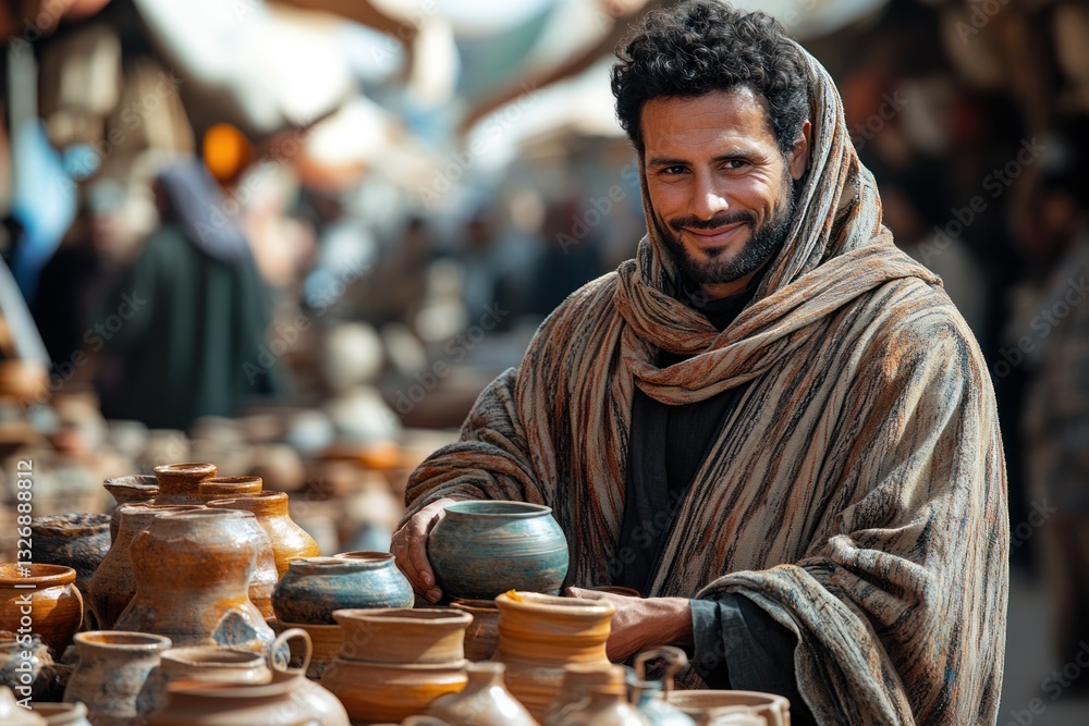 Middle Eastern man wearing a traditional robe and selling goods Middle Eastern man wearing a traditional robe and selling goods