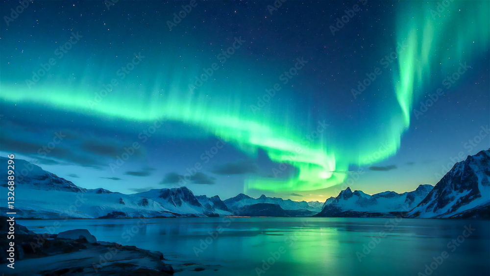 Naklejka premium Wide view of the sky with glowing aurora borealis