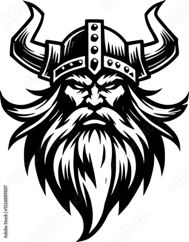 viking, nordic, warrior, knight, beard, horns, symbol, horned norseman, emblem, barbarian man, head, icon, helmet, brand, identity, vector, image, graphic