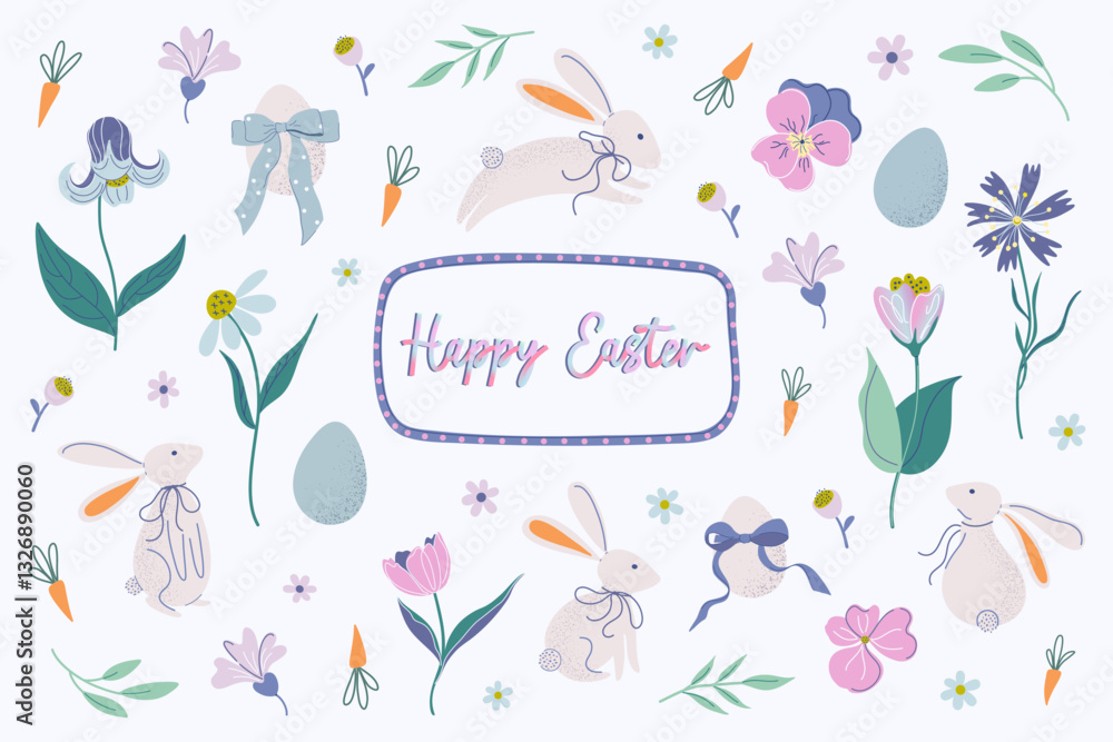 Happy Easter elements set with cute bunnies, eggs, flowers, bows. Beautiful springtime collection in pastel colours. Hand drawn flat design vector illustration. Happy Easter elements set with cute bunnies, eggs, flowers, bows. Beautiful springtime collection in pastel colours. Hand drawn flat design vector illustration.