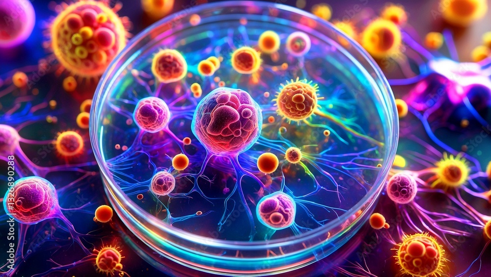 Naklejka premium Vibrant microscopic organisms in colorful petri dish