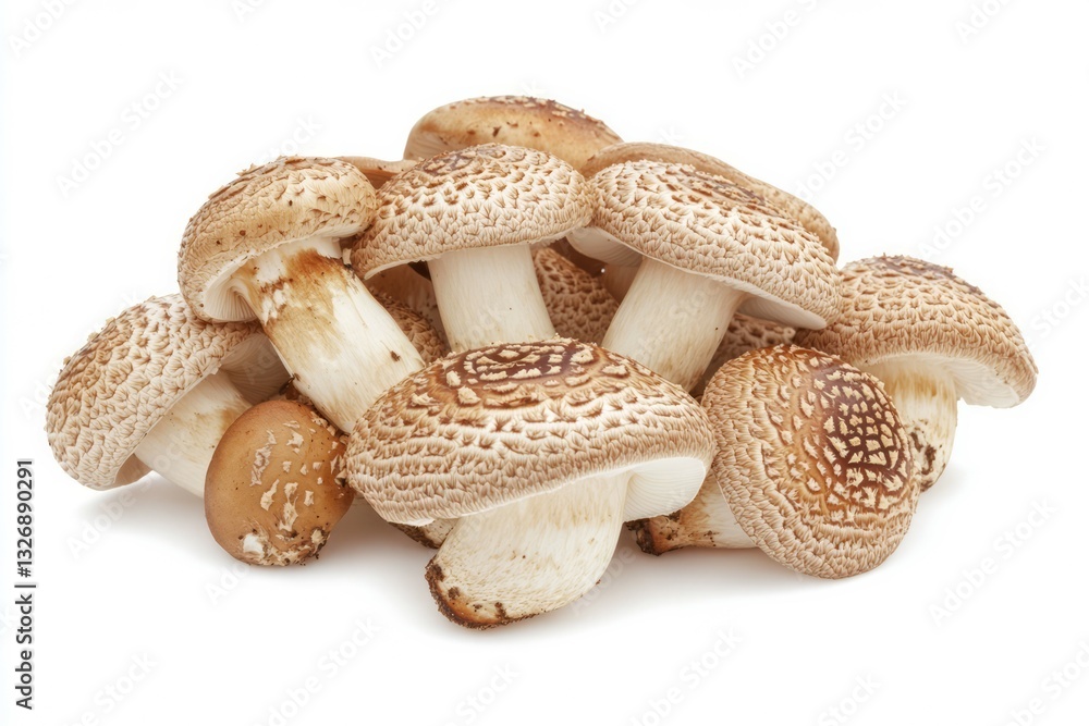 Fresh shiitake mushrooms on solid white background. Neural network AI generated