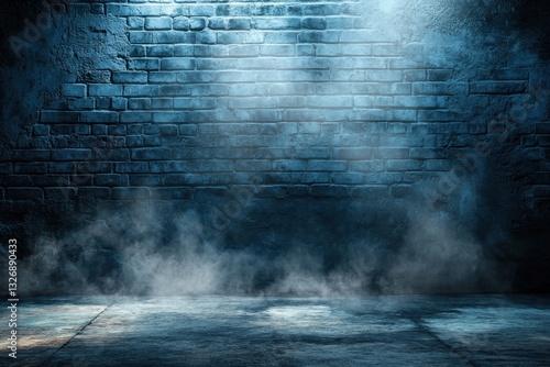 Background of empty room with spotlights and smoke near brick wall