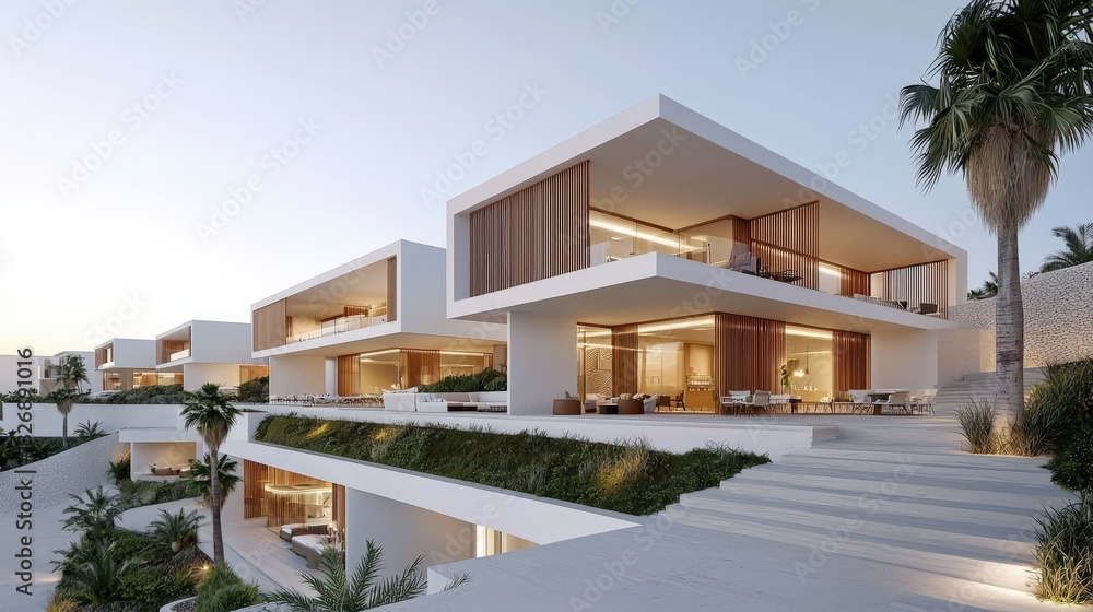 Fototapeta premium A modern architectural design showcasing elegant, multi-level villas with large windows and tropical landscaping under a clear sky.
