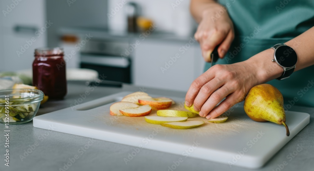 Female preparing sliced pears and apples in modern kitchen setting Female preparing sliced pears and apples in modern kitchen setting