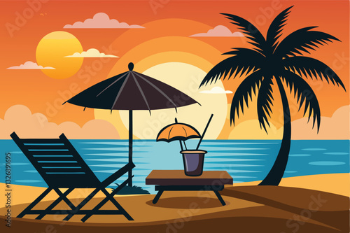 Silhouette of wooden chaise lounge, palm tree on beach vector