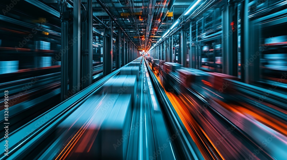 Moving Packages on Conveyor Belt in Automated Warehouse Blurred Motion Moving Packages on Conveyor Belt in Automated Warehouse Blurred Motion