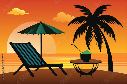 Silhouette of wooden chaise lounge, palm tree on beach vector