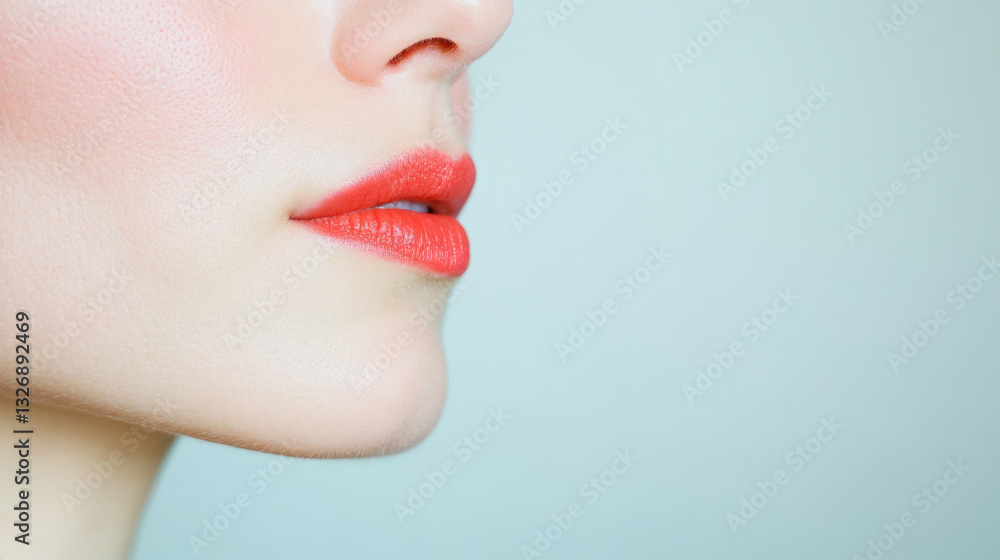 Obraz premium Close up of woman lips with bright red lipstick against soft background. image captures elegance and beauty of lips, highlighting their shape and color
