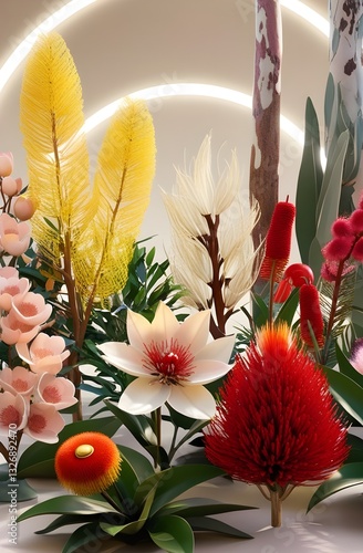 A vibrant assortment of colorful, exotic flowers is displayed, surrounded by lush green foliage. Soft, glowing arcs in the background add a sense of whimsy and elegance to the composition.