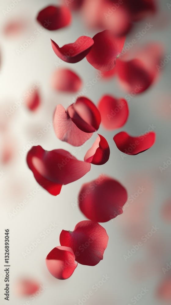 Floating red rose petals creating a serene atmosphere in soft light
