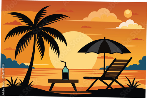 Silhouette of wooden chaise lounge, palm tree on beach vector