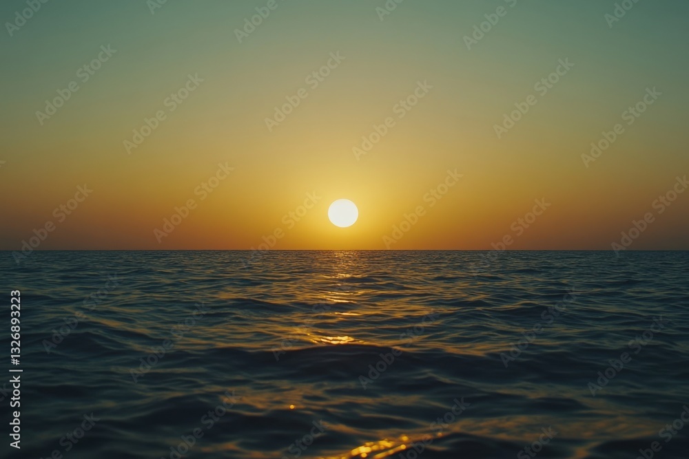 Golden sun setting over calm ocean creating a magical sunset seascape Golden sun setting over calm ocean creating a magical sunset seascape