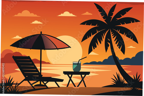 Silhouette of wooden chaise lounge, palm tree on beach vector