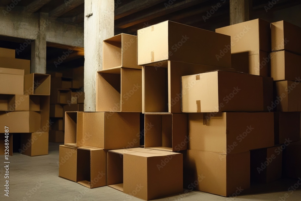 Fototapeta premium Cardboard Box in Warehouse with Shelves. Storage Building and Indoor Transportation Concept