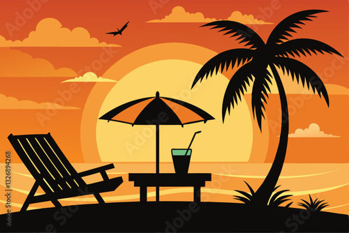 Silhouette of wooden chaise lounge, palm tree on beach vector