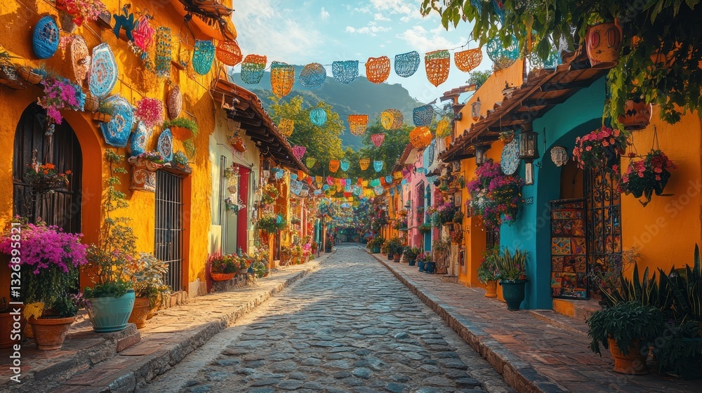 Fototapeta premium Colorful cobblestone street, festive decorations, mountain backdrop, Mexico