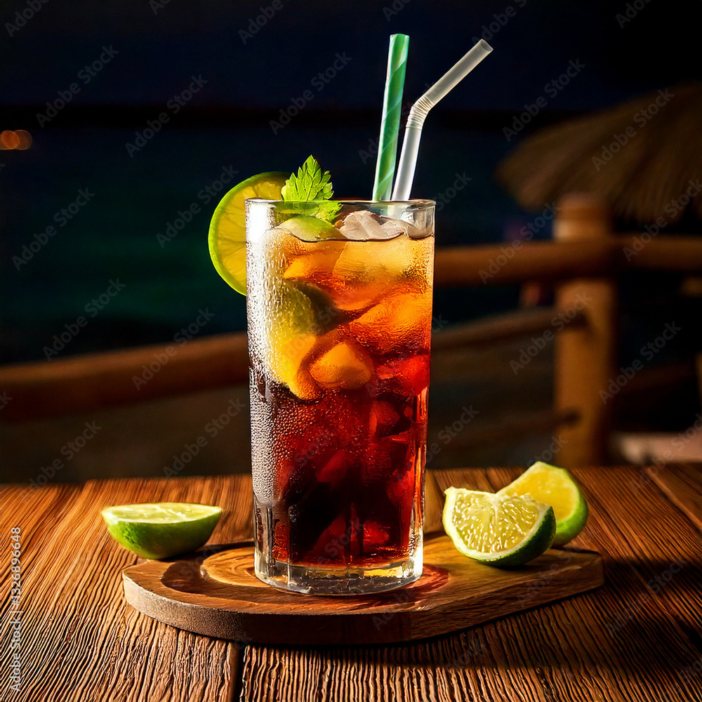 Refreshing Cuba Libre drink with lime and rustic surroundings, beverage photography, editorial