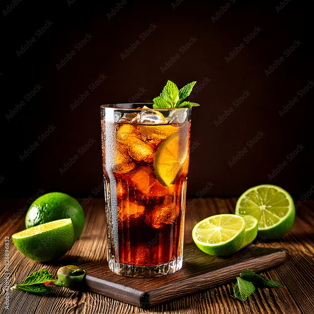 Refreshing Cuba Libre drink with lime and rustic surroundings, beverage photography, editorial