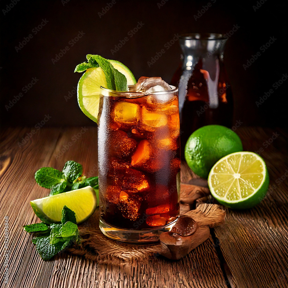 Refreshing Cuba Libre drink with lime and rustic surroundings, beverage photography, editorial