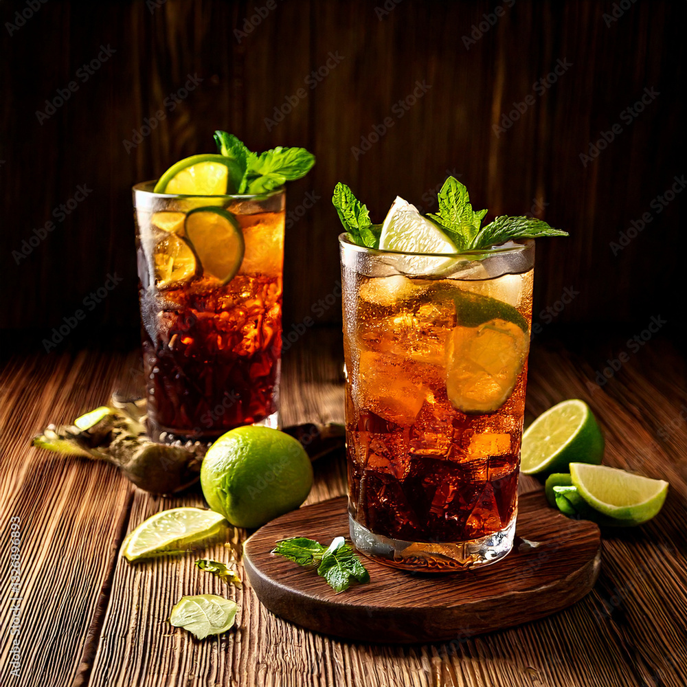 Refreshing Cuba Libre drink with lime and rustic surroundings, beverage photography, editorial