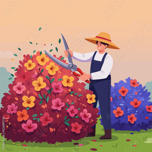 Gardener Trimming Flower Bush with Shears in Spring Garden Setting