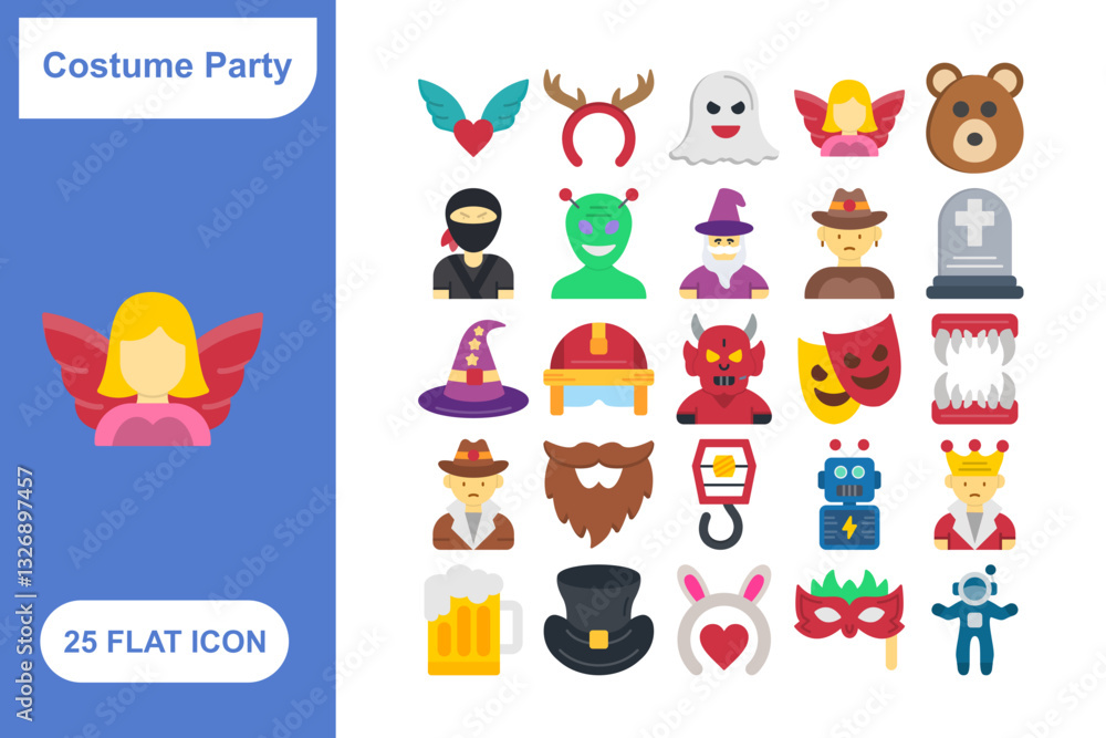 Fototapeta premium Costume Party Flat Icon Set, Collection of 25 Costume Party Flat Icon Set – 25 Mask, Outfit, and Celebration Icons