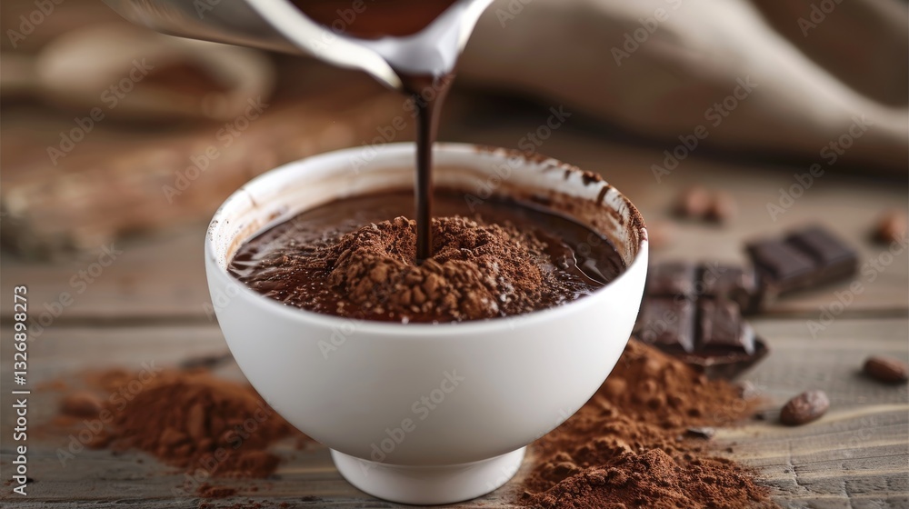 Velvety dark chocolate powder being poured into a white cup Velvety dark chocolate powder being poured into a white cup