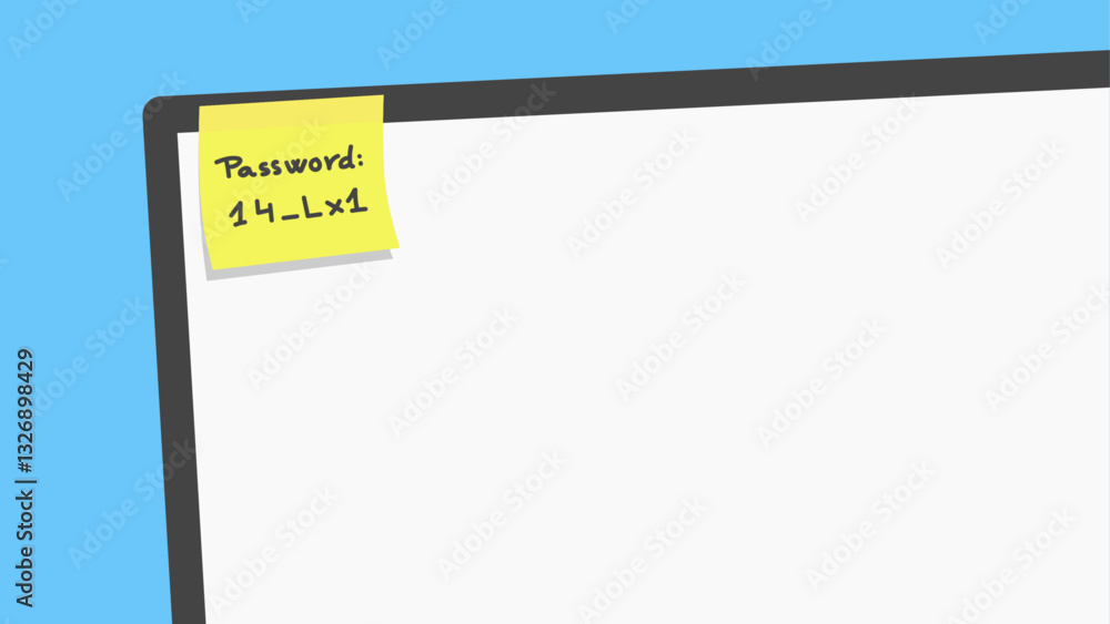 Illustration of a yellow sticky note with a handwritten password attached to the top corner of a computer monitor, representing security risks and password management Illustration of a yellow sticky note with a handwritten password attached to the top corner of a computer monitor, representing security risks and password management