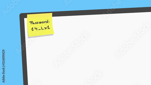 Illustration of a yellow sticky note with a handwritten password attached to the top corner of a computer monitor, representing security risks and password management