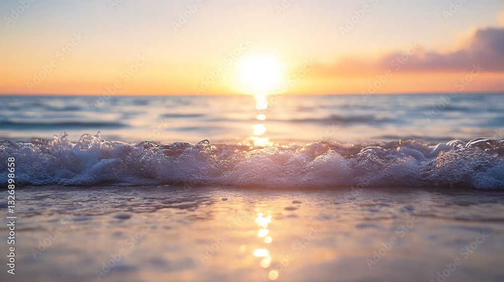 Fototapeta premium Serene sunset over ocean waves gently lapping at the shore with bright reflection on water surface : Generative AI