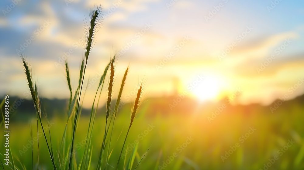 Obraz premium Golden Sunrise Over Lush Green Grass Illuminated by Morning Sunlight : Generative AI