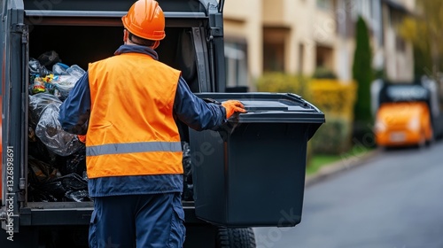A garbage collector emptying a plastic waste bin into a truck in a residential area, showcasing community cleanliness and waste management efforts
