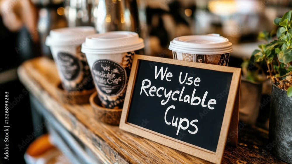 A coffee shop features a charming sign promoting recyclable cups alongside eco-friendly coffee cups, emphasizing sustainability and environmental awareness A coffee shop features a charming sign promoting recyclable cups alongside eco-friendly coffee cups, emphasizing sustainability and environmental awareness