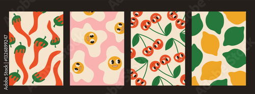 A bright set of patterns in retro pop art style with images of chili peppers, smiling eggs, cherries and lemons. Stylish and fun illustrations are great for prints, packaging, textiles, kitchen decor 