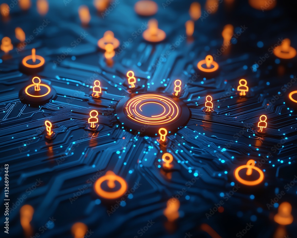 Fototapeta premium Remote work and digital collaboration represented by glowing blue user symbols interconnected on a dark blue abstract background, 3D rendering
