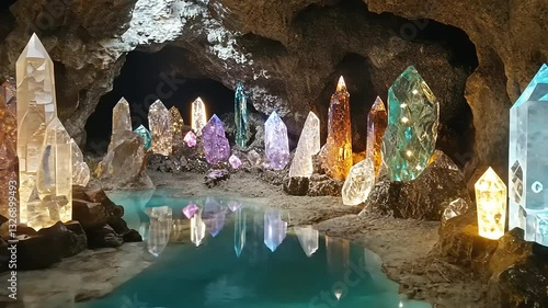 A serene underground cave filled with colorful crystals reflecting in a tranquil pool of water