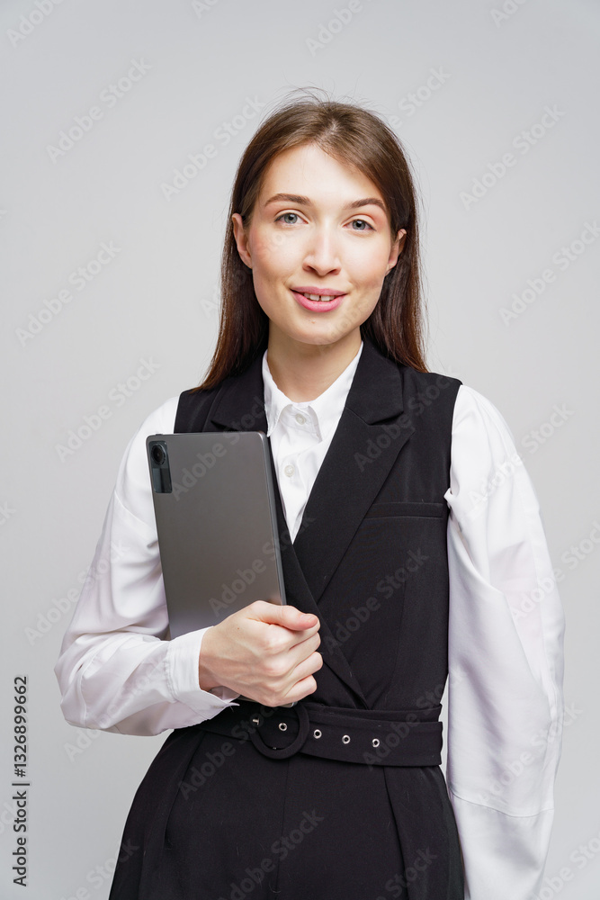 Professional woman poses in a formal outfit while holding a tablet in a minimalistic background Professional woman poses in a formal outfit while holding a tablet in a minimalistic background