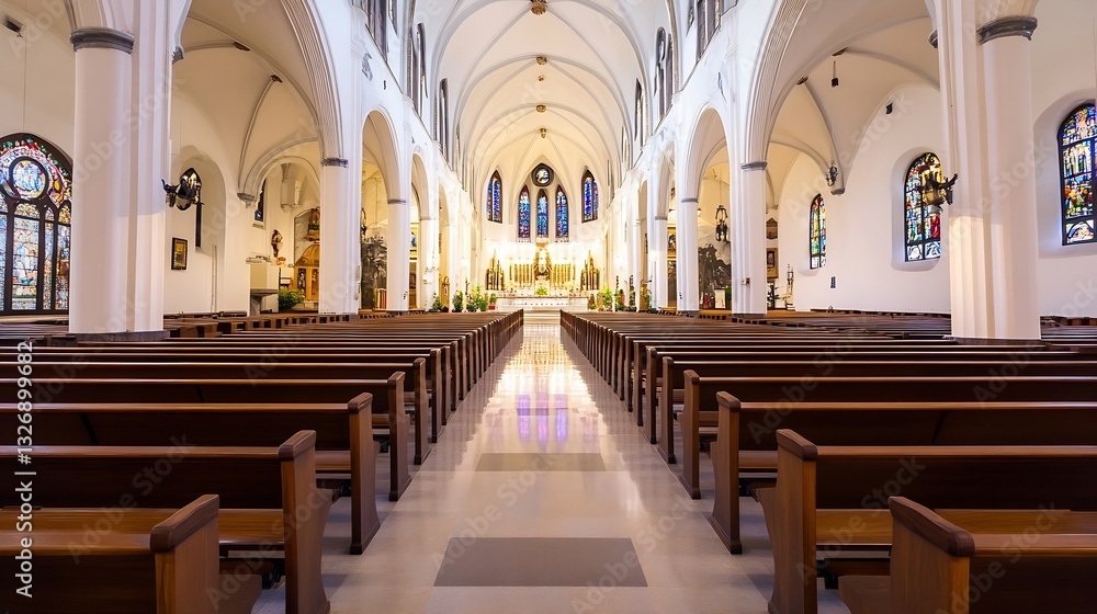 Fototapeta premium Interior view of a beautiful church showcasing wooden pews and stunning stained glass windows : Generative AI