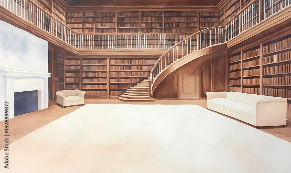 Obraz premium Spacious library with wooden shelves, spiral staircase, and cozy seating area.