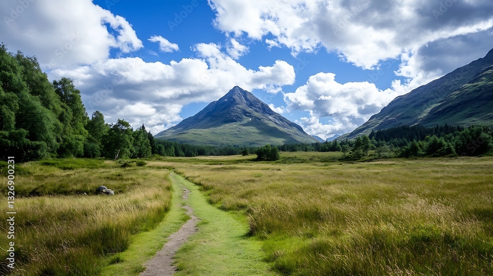 Fototapeta premium Beautiful landscape of a winding path leading through lush green fields and mountains under a bright blue sky : Generative AI