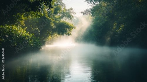 Misty River Dawn Serene Forest River Scene at Sunrise