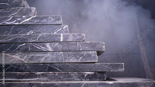 Stacked marble slabs with smoky background in industrial setting