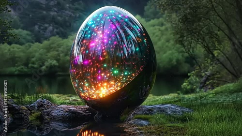 A shimmering, multicolored egg-shaped structure glows by a tranquil lake surrounded by lush greenery