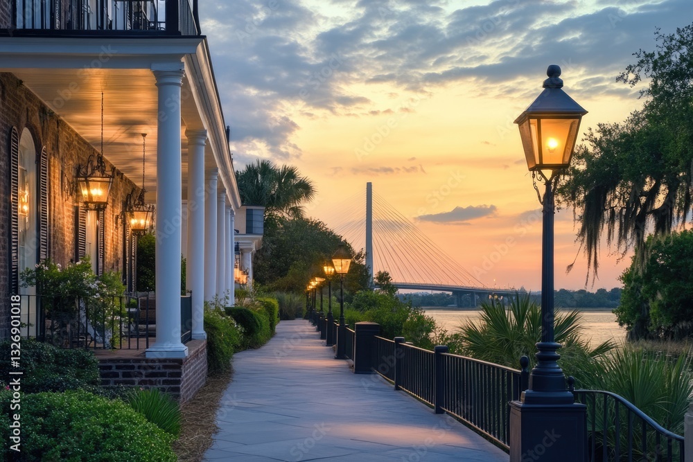 Obraz premium Charleston Bridge at Dusk: A Landmark in South Carolina with Arthur Ravenel Jr. Bridge and Cooper River Views